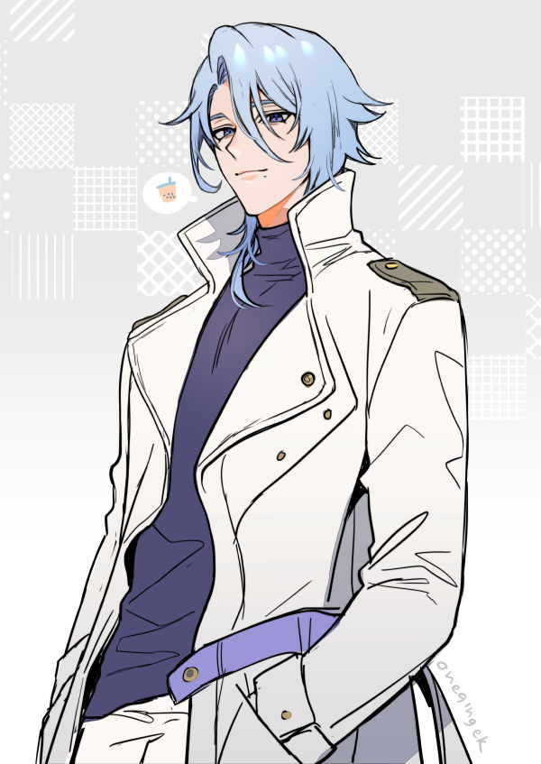 1boy alternate_costume bangs blue_eyes blue_hair bubble_tea coat commentary genshin_impact hair_between_eyes hand_in_pocket kamisato_ayato kanapy long_sleeves looking_at_viewer male_focus mole mole_under_eye mole_under_mouth pants signature simple_background solo symbol-only_commentary turtleneck white_coat white_pants
