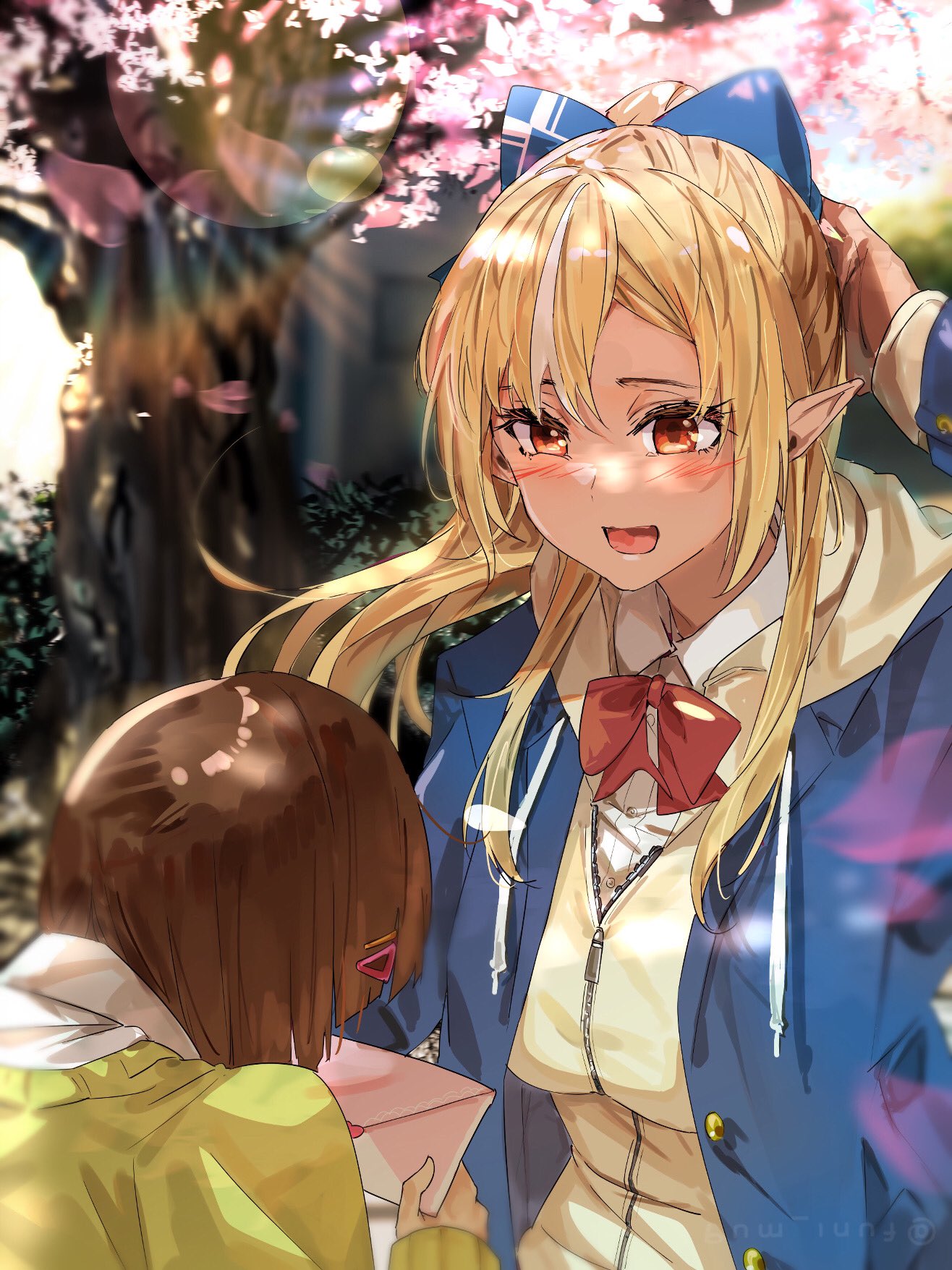 2girls arm_behind_head blonde_hair bow brown_hair cardigan cherry_blossoms dress_shirt funi_mu9 hair_ornament hair_ribbon hairclip highres hololive jacket love_letter multiple_girls open_mouth pointy_ears ponytail red_eyes ribbon school_uniform shiranui_flare shirt smile tree upper_body zipper