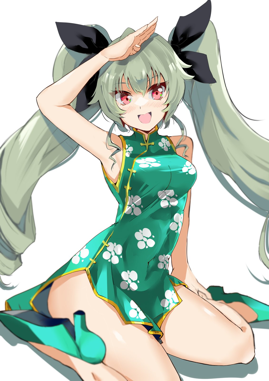 anchovy_(girls_und_panzer) blaze_(artist) breasts china_dress chinese_clothes dress girls_und_panzer green_dress green_hair high_heels highres red_eyes salute simple_background smile thighs
