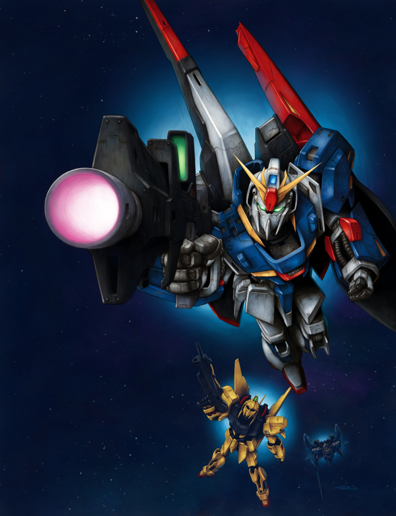 beam_rifle black_eyes clenched_hand energy_gun flying from_above glowing glowing_eyes green_eyes gun gundam holding holding_gun holding_weapon hyaku_shiki looking_up mecha mobile_suit nakamura_jun'ichi no_humans robot science_fiction space super_gundam weapon zeta_gundam zeta_gundam_(mobile_suit)