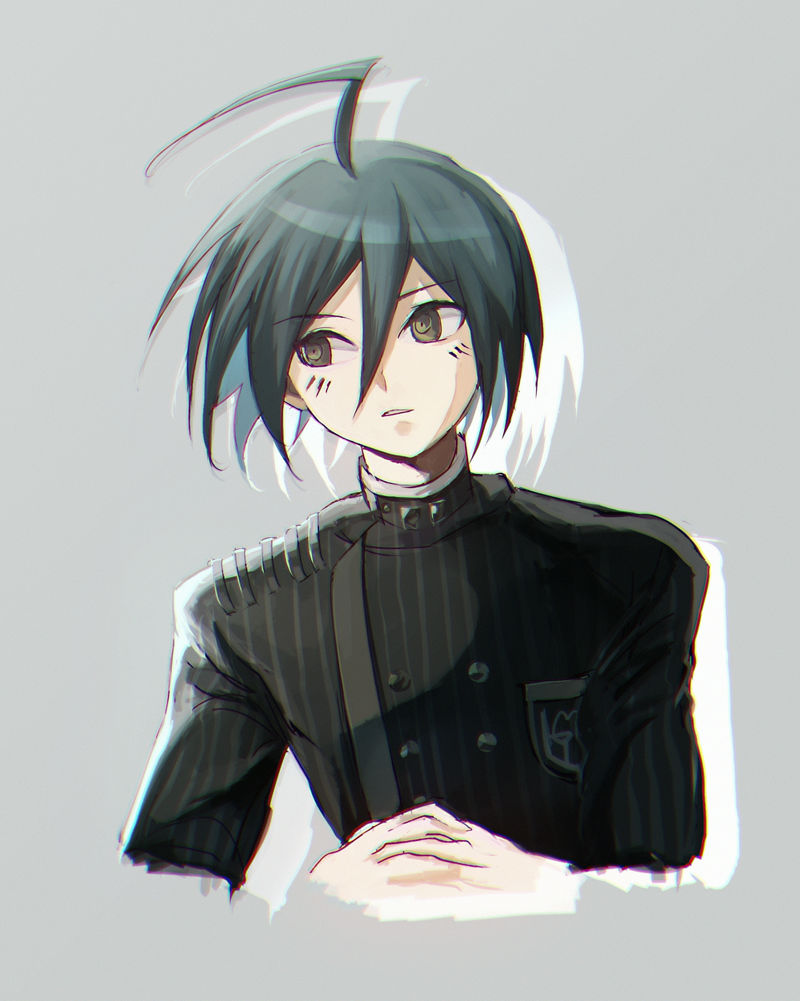 1boy ahoge bangs black_hair breast_pocket brown_eyes colored_shadow cropped_torso danganronpa_(series) danganronpa_v3:_killing_harmony drop_shadow grey_background hair_between_eyes jacket long_sleeves nantoka_aida own_hands_together parted_lips pocket saihara_shuuichi shadow short_hair sideways_glance simple_background solo striped striped_jacket teeth white_background