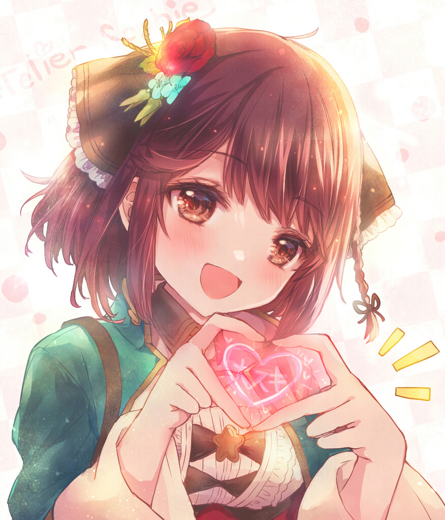 1girl :d atelier_(series) atelier_sophie atelier_sophie_2 blue_coat blush breasts brown_eyes coat collared_coat hair_ornament heart heart_hands jewelry koron_(tkhsrui) long_sleeves looking_at_viewer medium_breasts necklace open_mouth portrait redhead short_hair smile solo sophie_neuenmuller wide_sleeves