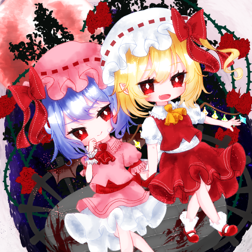 2girls ascot blonde_hair chibi clip_studio_paint_(medium) closed_mouth english_text feet_out_of_frame flandre_scarlet floral_background flower frilled_sleeves frills full_body gyokuro_(maposo140203) hat looking_at_viewer making-of_available mary_janes mob_cap multicolored_wings multiple_girls open_mouth pink_headwear pink_shirt pink_skirt puffy_short_sleeves puffy_sleeves purple_hair red_ascot red_eyes red_flower red_footwear red_ribbon red_rose red_skirt red_vest remilia_scarlet ribbon ribbon-trimmed_headwear ribbon_trim rose rose_background shiny shiny_hair shirt shoes short_sleeves skirt skirt_set smile socks touhou v-shaped_eyebrows vest white_background white_headwear white_shirt white_socks wings wrist_cuffs yellow_ascot