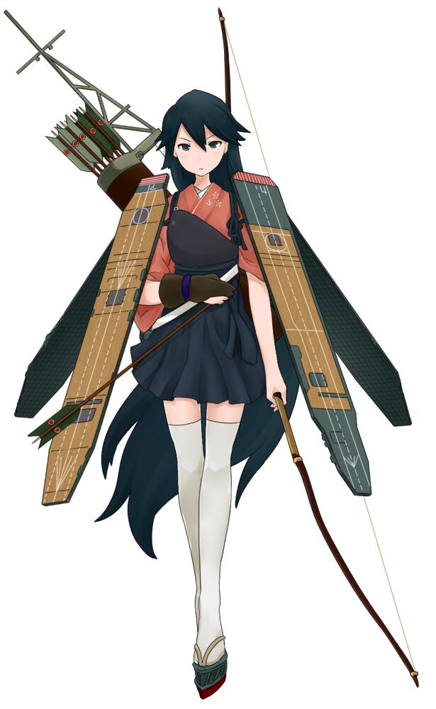 1girl adapted_costume arrow_(projectile) blue_eyes blue_hair blue_skirt bow_(weapon) brown_gloves commentary flight_deck full_body geta gloves hair_between_eyes hair_down hakama hakama_skirt hao_(borosu0023) holding holding_arrow holding_bow_(weapon) holding_weapon houshou_(kancolle) japanese_clothes kantai_collection kimono long_hair looking_at_viewer muneate original_remodel_(kantai_collection) partially_fingerless_gloves pink_kimono quiver simple_background single_glove skirt solo tasuki thigh-highs weapon white_background white_thighhighs yugake