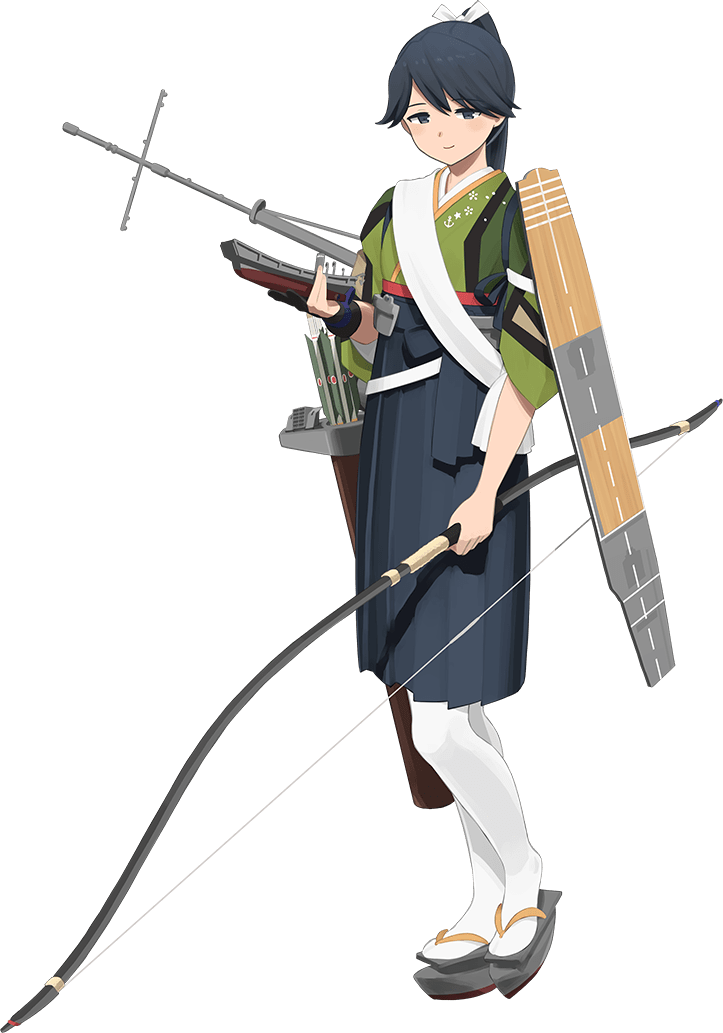 1girl arrow_(projectile) black_hair black_hakama bow_(weapon) flight_deck full_body green_kimono hakama hakama_skirt houshou_(kancolle) houshou_kai_ni_(kancolle) japanese_clothes kantai_collection kimono official_art pantyhose ponytail quiver shibafu_(glock23) skirt tasuki weapon