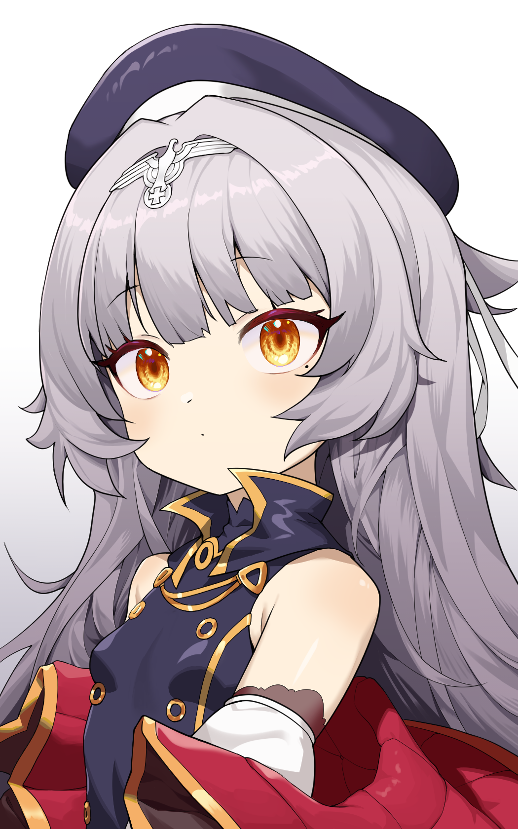 1girl armpit_crease azur_lane bangs beret breasts buttons closed_mouth cross double-breasted gradient gradient_background grey_background grey_hair hair_intakes hat headpiece highres iron_cross jacket long_hair looking_at_viewer messy_hair mole mole_under_eye off_shoulder pg_(pege544) reichsadler sidelocks small_breasts solo upper_body yellow_eyes z46_(azur_lane)