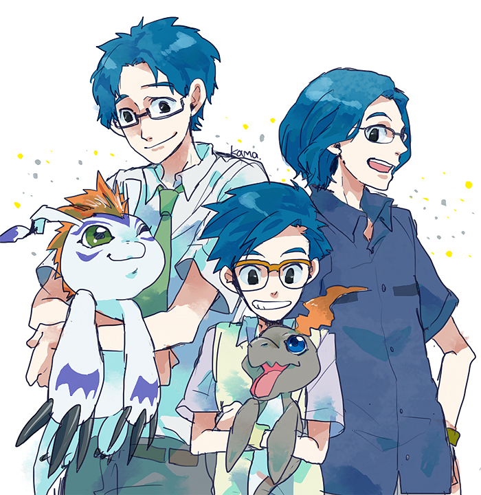 blue_hair blue_shirt child digimon digimon_(creature) digimon_adventure digimon_adventure_02 digimon_adventure_tri. gomamon green_eyes happy kido_jou komarou_(4km_ro) necktie open_mouth orange_fur pukamon shirt simple_background teeth variations white_background