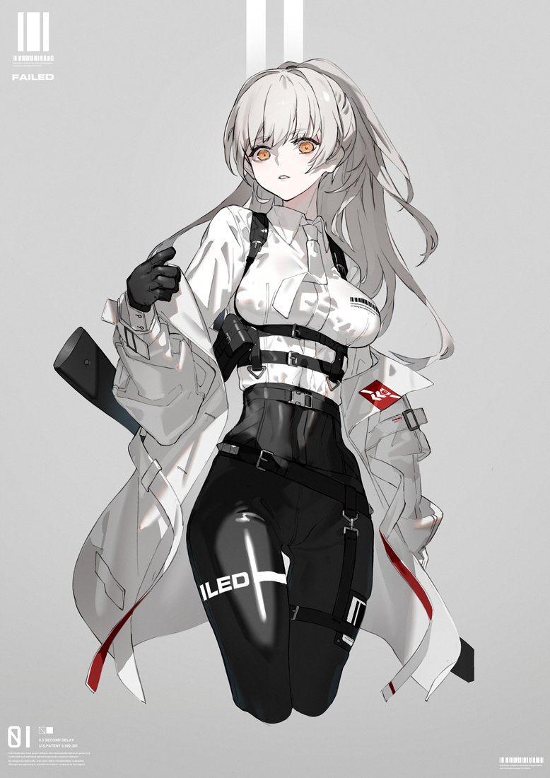 1girl belt breasts chest_harness coat gloves grey_hair gun harness large_breasts long_hair looking_at_viewer necktie neco original pale_skin parted_lips rifle skin_tight solo thigh_gap thigh_strap weapon white_hair yellow_eyes