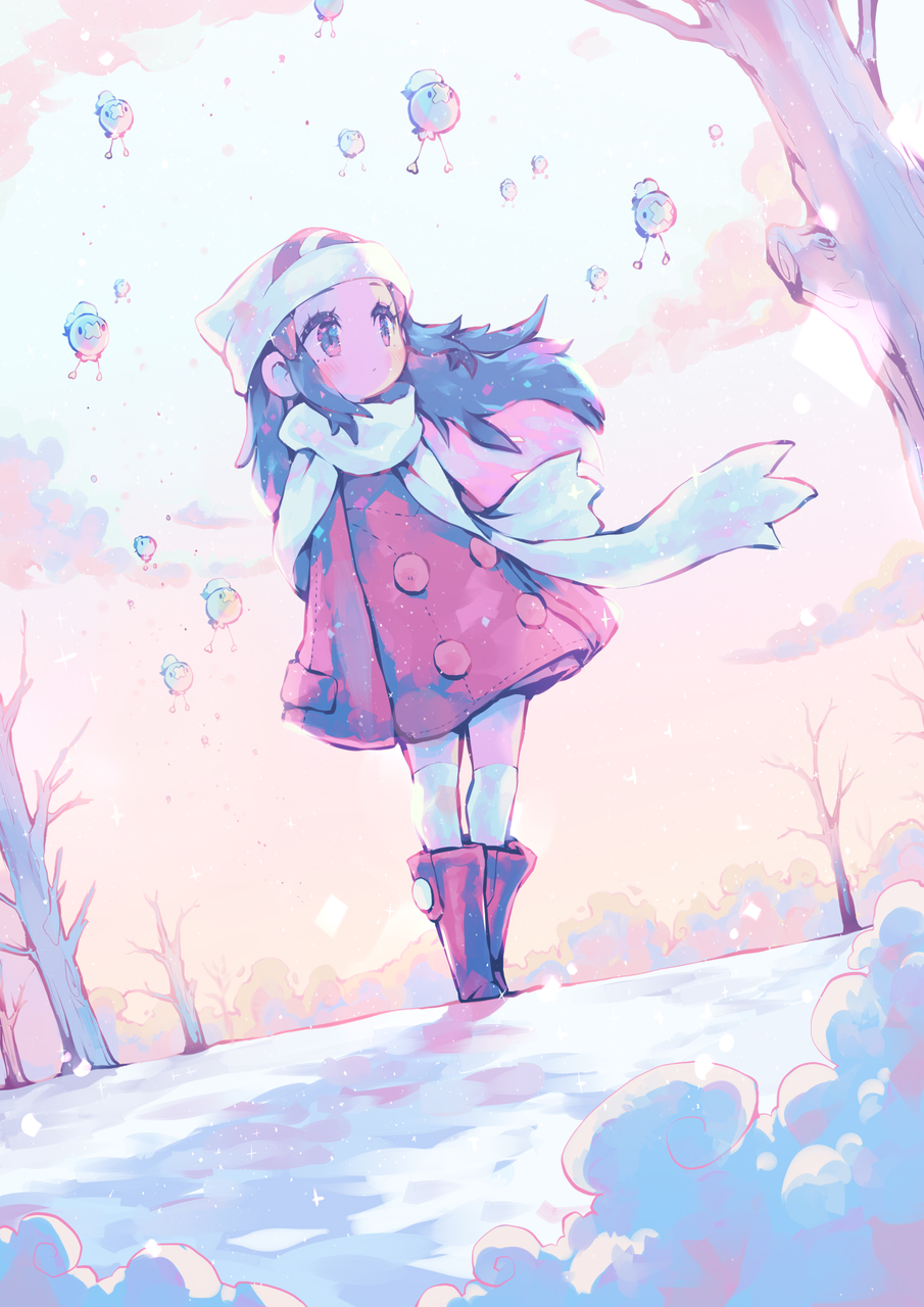 1girl blue_hair boots full_body hat highres hikari_(pokemon) kneehighs outdoors parororo pokemon pokemon_(creature) scarf sky snow socks solo standing tree white_scarf