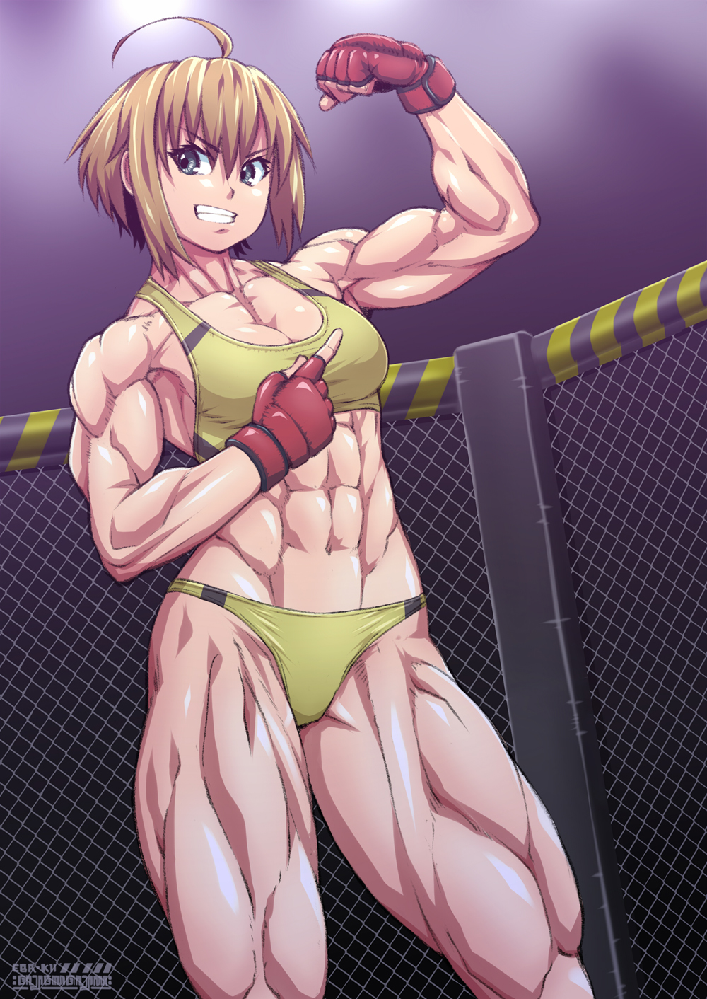 1girl abs bare_arms biceps breasts cage deltoids ebr-kii forearms gloves grey_eyes highres legs light_brown_hair medium_breasts mixed_martial_arts muscular muscular_female pectorals playing_sports quads red_gloves short_hair smile sport_panty sports_bra sportswear tan teeth thighs