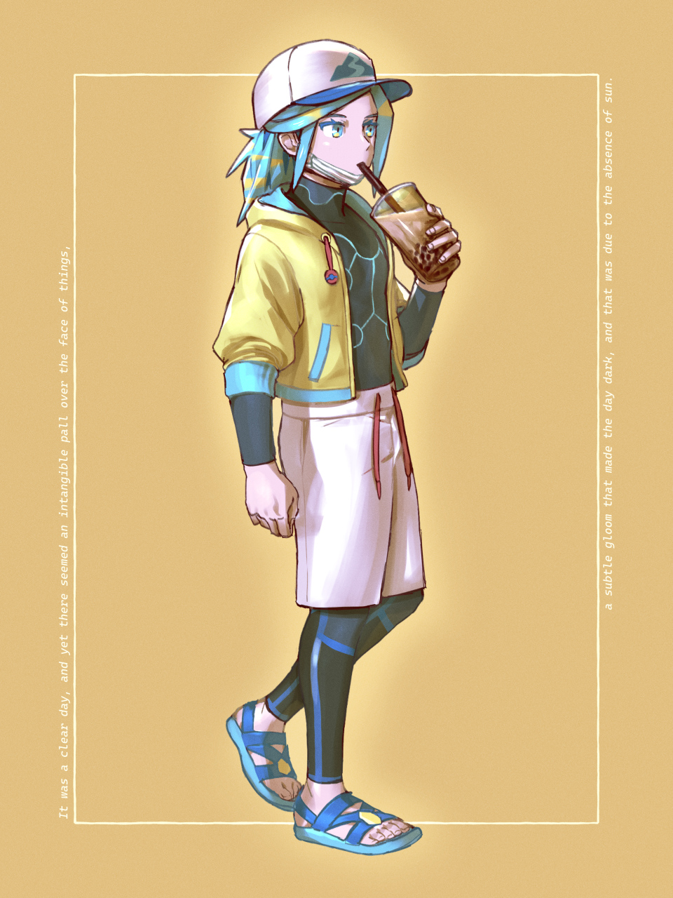 1boy baseball_cap bodysuit bodysuit_under_clothes bubble_tea clenched_hand commentary cup disposable_cup drinking drinking_straw framed full_body go-lurk grusha_(pokemon) hat highres holding holding_cup hood hood_down hooded_jacket jacket long_hair male_focus open_clothes open_jacket pokemon pokemon_(game) pokemon_sv sandals shorts simple_background solo standing tassel toes white_headwear white_shorts yellow_background yellow_jacket