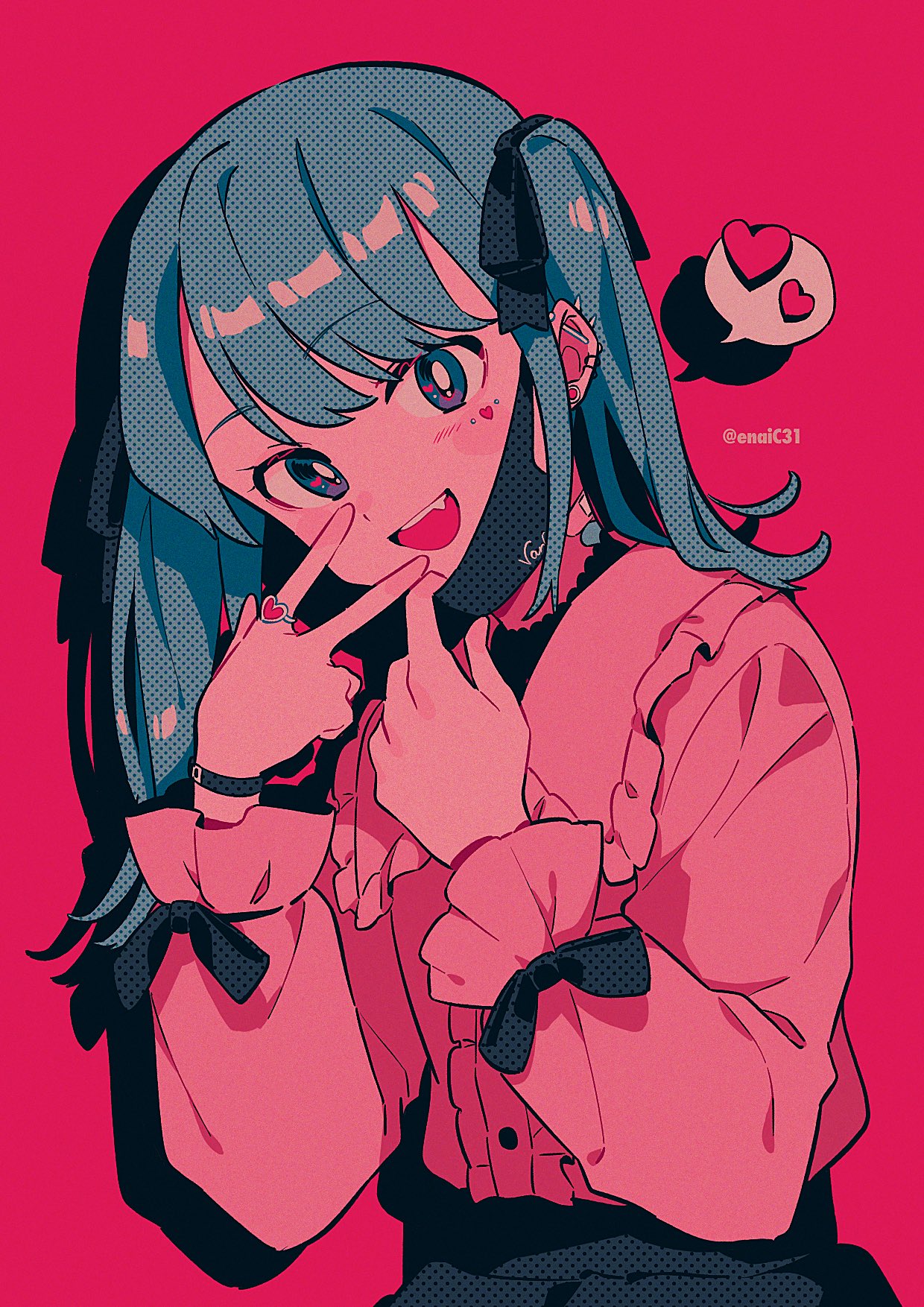 1girl artist_name bandaid bandaid_on_neck bangs black_bow black_skirt blouse blue_eyes blue_hair blush bow buttons collared_shirt ear_piercing fang frills hair_between_eyes hair_bow hands_up hatsune_miku heart heart_in_eye heart_tattoo highres jewelry long_hair long_sleeves looking_at_viewer mask menma_(enaic31) mouth_mask official_alternate_costume open_mouth piercing pink_background pink_shirt puffy_long_sleeves puffy_sleeves ring shadow shirt simple_background skirt smile solo speech_bubble symbol_in_eye tattoo teeth tongue twintails v vampire_(vocaloid) vocaloid