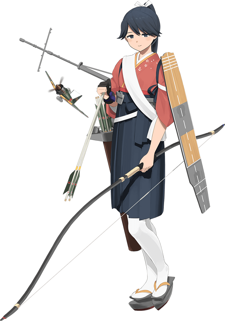 1girl arrow_(projectile) black_hair black_hakama bow_(weapon) flight_deck full_body hakama hakama_skirt houshou_(kancolle) houshou_kai_ni_(kancolle) japanese_clothes kantai_collection kimono official_art pantyhose pink_kimono ponytail quiver shibafu_(glock23) skirt tasuki weapon