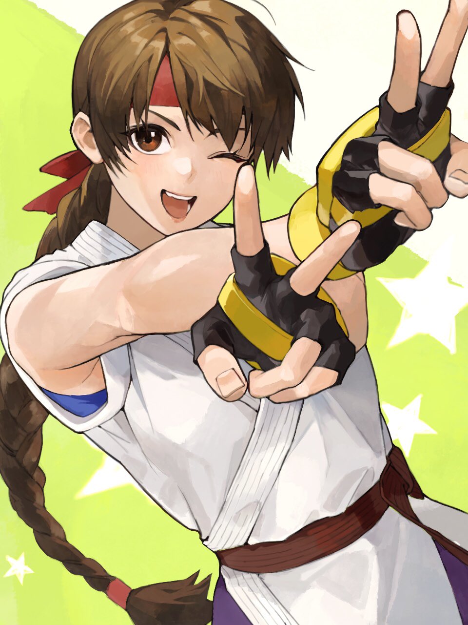 1girl bangs belt braid brown_eyes brown_hair commentary double_v dougi fingerless_gloves fingernails gloves hands_up headband highres japanese_clothes lips long_hair looking_at_viewer one_eye_closed oni_gini open_mouth red_headband ryuuko_no_ken shiny shiny_hair simple_background single_braid sleeveless smile solo star_(symbol) starry_background teeth the_king_of_fighters upper_body upper_teeth v yuri_sakazaki