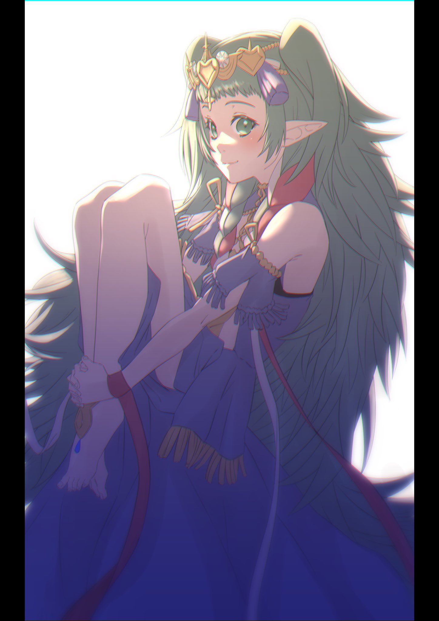 1girl aduti_momoyama anklet bare_shoulders barefoot blue_gemstone chromatic_aberration closed_mouth detached_sleeves fingernails fire_emblem fire_emblem:_three_houses fringe_trim gem green_eyes green_hair headpiece highres hugging_own_legs interlocked_fingers jewelry long_hair own_hands_together pillarboxed pointy_ears purple_sleeves short_bangs short_sleeves simple_background smile solo sothis_(fire_emblem) tassel toenails twintails very_long_hair white_background