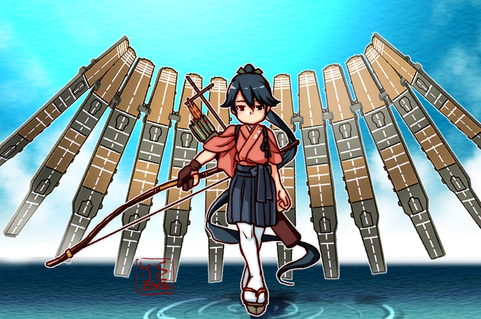 1girl black_hair black_hakama blue_sky bow_(weapon) brown_gloves clouds crossed_legs day flight_deck full_body gloves hakama hakama_short_skirt hakama_skirt horizon houshou_(kancolle) japanese_clothes kantai_collection kimono kurogane_no_linebarrel kutone_shirika looking_at_viewer ocean outdoors pantyhose parody partially_fingerless_gloves pink_kimono ponytail quiver single_glove skirt sky solo standing tasuki vardant water weapon white_pantyhose yugake