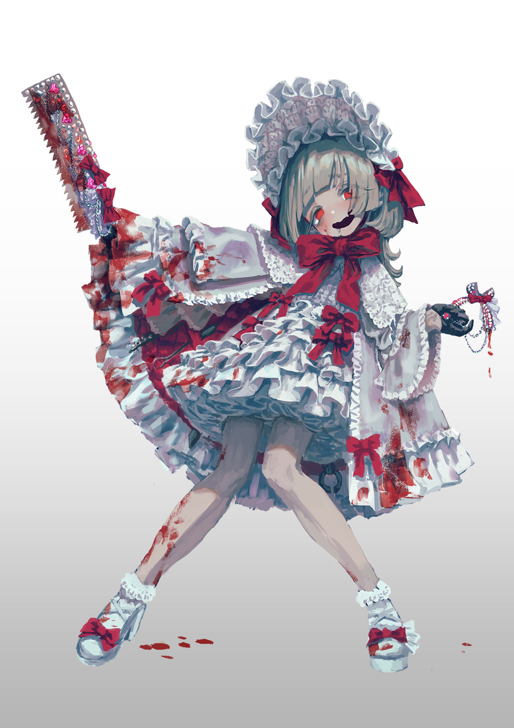 1girl black_gloves blood blood_on_clothes blood_on_face blood_on_leg blush bobby_socks bonnet bow bowtie capelet commentary_request dress dress_bow drooling footwear_bow frilled_bonnet frilled_dress frilled_sleeves frills full_body gloves gradient gradient_background grey_hair hair_bow highres holding_pliers jon_taira large_bow lolita_fashion long_hair looking_at_viewer open_mouth original pliers red_bow red_eyes saliva saw socks wavy_mouth white_footwear white_headwear