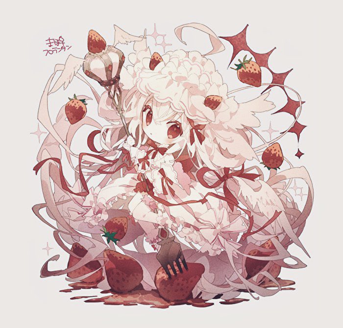 1girl ahoge alcremie alcremie_(strawberry_sweet) alcremie_(vanilla_cream) bow chibi dress food food-themed_hair_ornament fork fruit full_body hair_ornament hairband head_wings hibi89 holding holding_fork lolita_hairband long_sleeves looking_at_viewer low_wings personification pokemon red_bow red_eyes red_ribbon ribbon solo sparkle strawberry strawberry_hair_ornament white_bow white_dress white_headwear wings