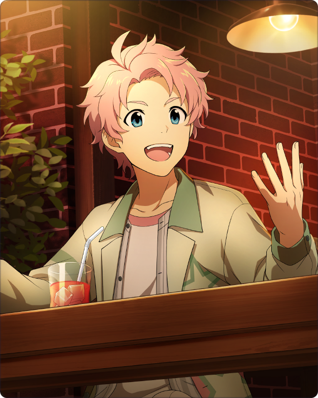 1boy ahoge blue_eyes cup drink drinking_straw fingernails ice ice_cube idolmaster idolmaster_side-m idolmaster_side-m_growing_stars kabuto_daigo light_bulb long_sleeves official_art open_clothes open_mouth pink_hair shirt smile solo third-party_source white_shirt