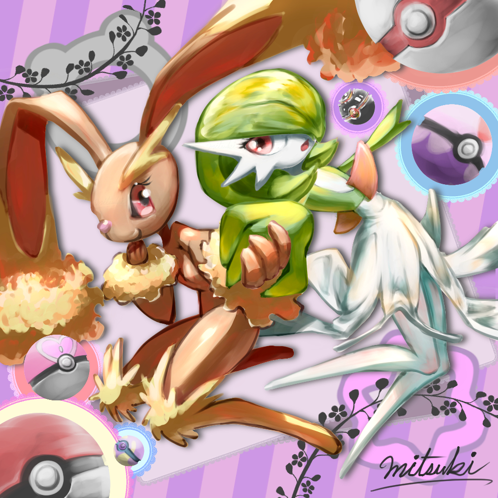 2girls :3 animal_ears animal_nose arm_up arms_up artist_name bangs black_sclera bob_cut body_fur breasts brown_fur closed_mouth colored_sclera colored_skin commentary dream_ball dutch_angle eye_contact flat_chest full_body furry furry_female gardevoir green_hair green_skin hair_over_one_eye hand_to_own_mouth hand_up happy heal_ball heart holding_hands knees_together_feet_apart looking_at_another looking_to_the_side lopunny love_ball luxury_ball mitsuki_(pixiv_1322348) multicolored_skin multiple_girls one_eye_covered open_mouth outstretched_arm poke_ball poke_ball_(basic) pokemon pokemon_(creature) premier_ball purple_background rabbit_ears rabbit_girl red_eyes shiny shiny_hair short_hair signature small_breasts smile striped striped_background two-tone_fur two-tone_skin white_skin yellow_fur