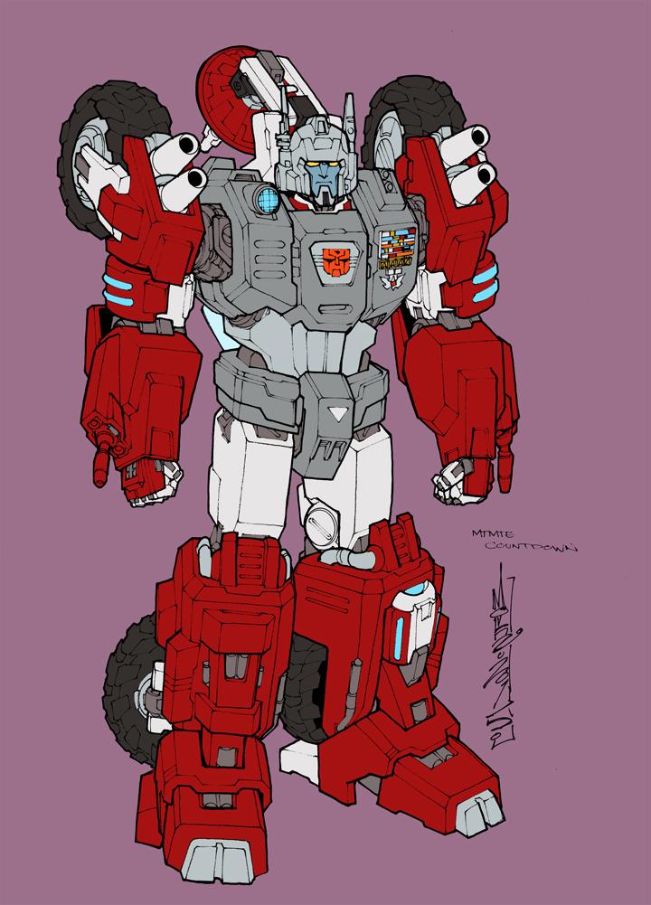 1boy alex_milne autobot badge cannon character_name clenched_hands countdown_(transformers) male_focus mecha no_humans official_art orange_eyes pink_background radar_dish robot science_fiction shoulder_cannon signature standing the_transformers_(idw) transformers wheel