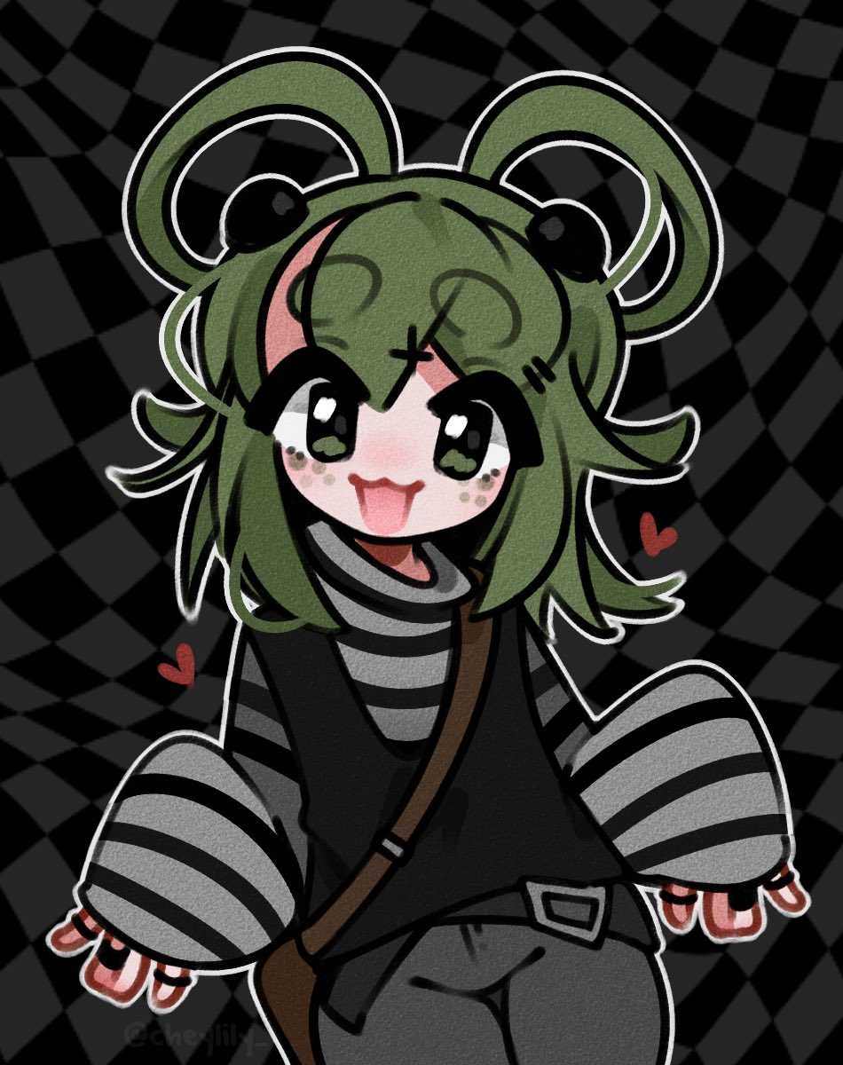 1girl :3 :d black_vest checkered_background chey cowboy_shot freckles green-hair green_eyes green_hair grey_pants hair_rings highres jewelry lily_(chey) long_sleeves looking_at_viewer multiple_rings open_mouth original pants ring shirt smile solo striped striped_shirt thick_eyebrows thigh_gap vest
