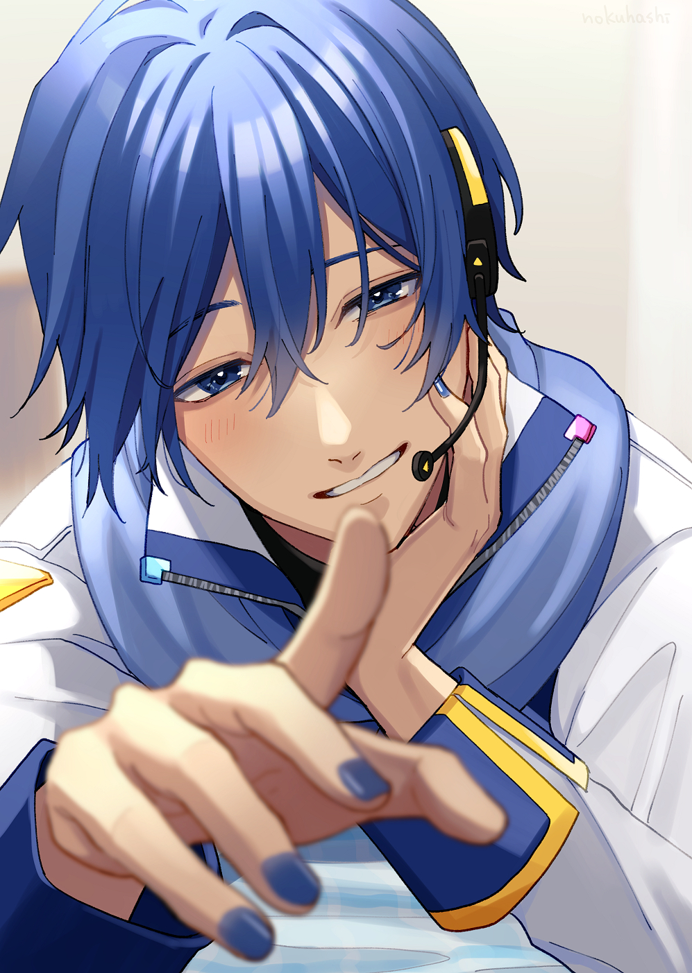 1boy bangs blue_eyes blue_hair blue_nails blush hair_between_eyes highres kaito_(vocaloid) kaito_(vocaloid3) long_sleeves looking_at_viewer male_focus nokuhashi open_mouth pointing pointing_at_viewer sleeve_cuffs vocaloid