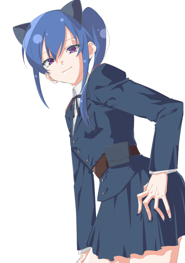 1girl animal_ears arm_at_side assault_lily bangs belt belt_pouch black_ribbon blue_hair blue_jacket blue_skirt breast_pocket brown_belt cat_ears closed_mouth collared_shirt contrapposto cowboy_shot epaulettes fake_animal_ears from_side hair_between_eyes hand_on_hip ishikawa_aoi jacket light_smile long_hair long_sleeves looking_at_viewer looking_to_the_side miniskirt mototenn neck_ribbon pleated_skirt pocket pouch ribbon school_uniform shirt side_ponytail sidelocks simple_background skirt solo standing violet_eyes white_background white_shirt