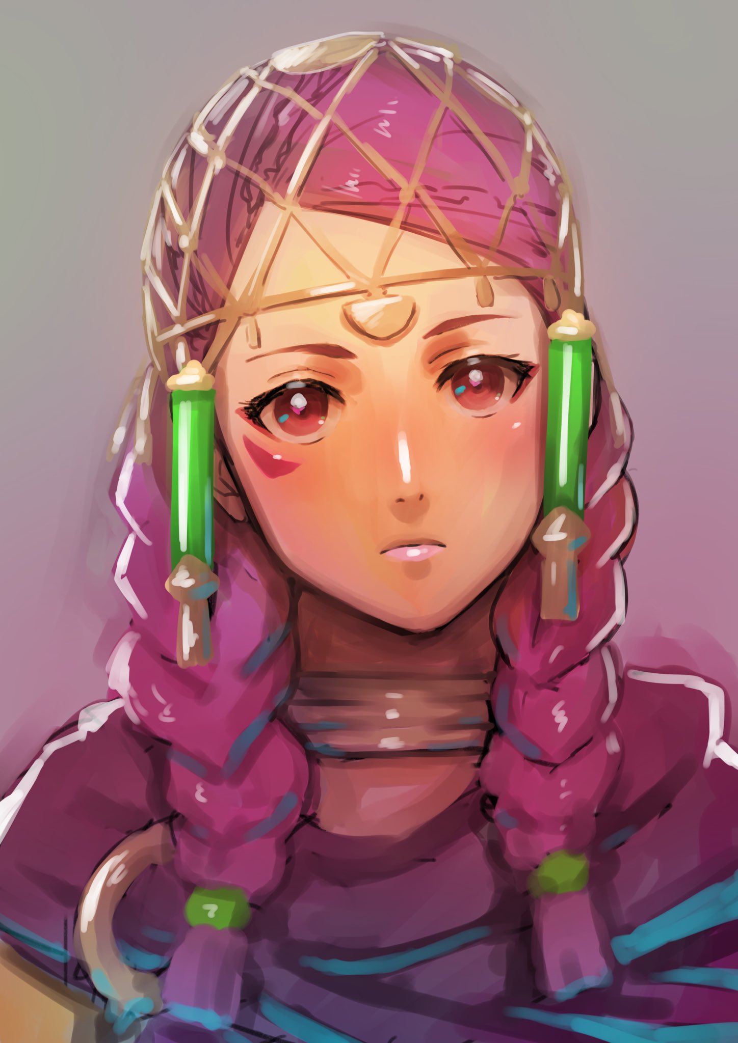 1girl aduti_momoyama braid cape closed_mouth eyeliner facial_mark fire_emblem fire_emblem:_three_houses fire_emblem_warriors:_three_hopes frown gradient gradient_background highres jewelry lips long_hair makeup neck_ring petra_macneary pink_lips purple_cape purple_hair red_eyeliner red_eyes solo twin_braids upper_body