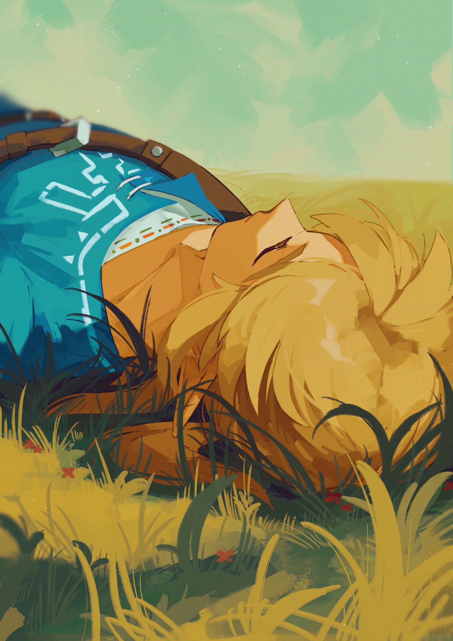 1boy belt blonde_hair blue_tunic brown_belt closed_eyes grass hair_between_eyes highres link low_ponytail lying male_focus medium_hair on_back outdoors pisu_1107 pointy_ears shoulder_belt sleeping solo the_legend_of_zelda the_legend_of_zelda:_breath_of_the_wild upper_body