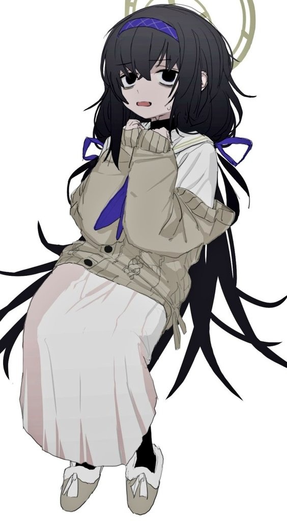 1girl atkm2 black_eyes black_hair black_pantyhose blue_archive hair_ribbon halo invisible_chair jacket long_hair long_skirt looking_at_viewer low_twintails off_shoulder open_mouth pantyhose purple_ribbon ribbon simple_background sitting skirt slippers solo sweatdrop twintails ui_(blue_archive) very_long_hair white_background white_skirt