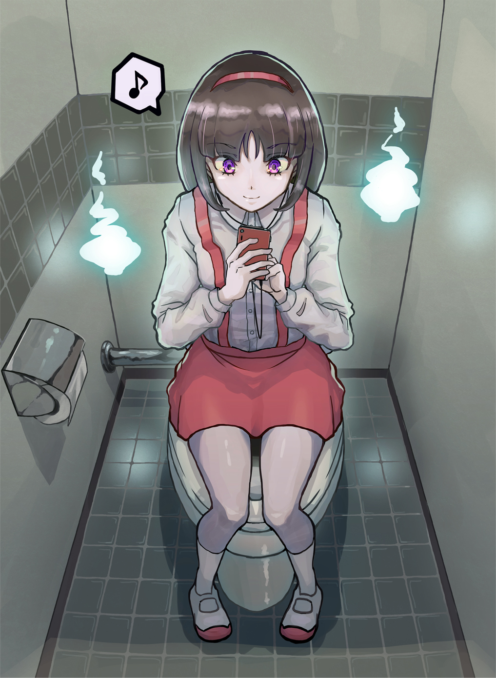 1girl brown_hair cellphone closed_mouth collared_shirt earphones earphones gegege_no_kitarou hairband hanako-san_(gegege_no_kitarou) highres holding holding_phone musical_note osakanaotoko phone red_hairband red_skirt shirt sitting skirt smile solo speech_bubble spoken_musical_note suspender_skirt suspenders toilet toilet_paper toilet_stall violet_eyes