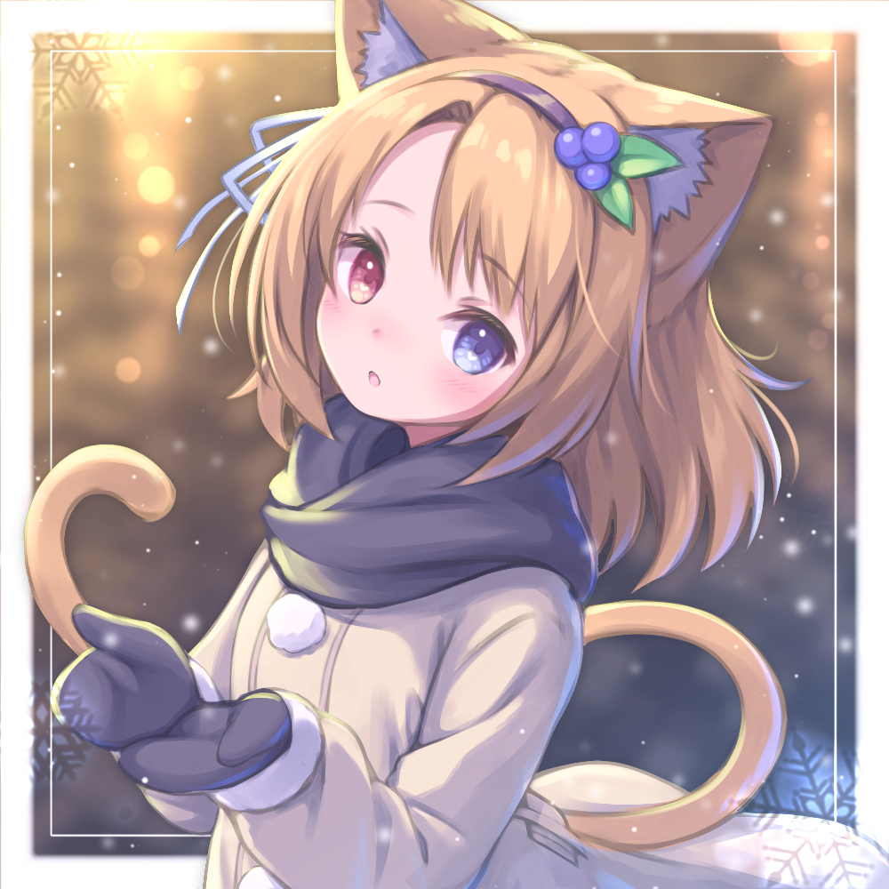 1girl :o animal_ear_fluff animal_ears bangs black_hairband black_mittens black_scarf blonde_hair blue_eyes blueberry_hair_ornament blurry blurry_background blush brown_jacket cat_ears cat_girl cat_tail commentary depth_of_field food-themed_hair_ornament hair_ornament hairband heterochromia jacket long_sleeves looking_at_viewer mittens original parted_bangs parted_lips red_eyes sasakura_momiji scarf snowflakes solo symbol-only_commentary tail upper_body