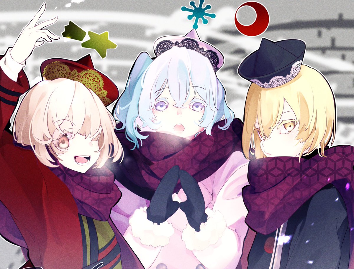 3girls ;d bad_id bad_twitter_id black_headwear black_jacket black_mittens blonde_hair blue_eyes breath brown_eyes brown_hair commentary commission fur-trimmed_sleeves fur_trim hat jacket lunasa_prismriver lyrica_prismriver maimuro merlin_prismriver multiple_girls one_eye_closed pink_headwear pink_jacket purple_scarf red_headwear red_jacket scarf short_hair siblings sisters skeb_commission smile touhou upper_body yellow_eyes