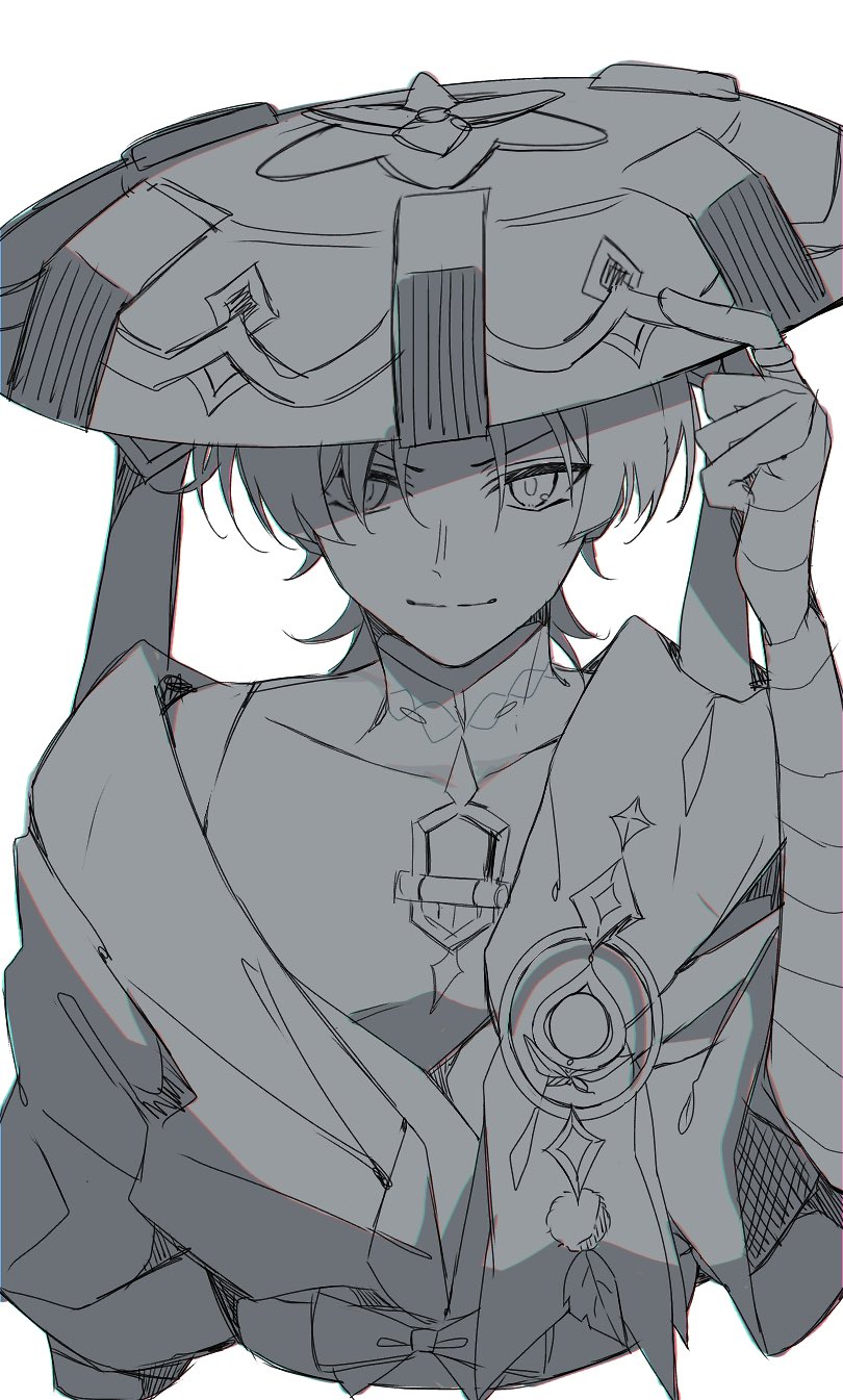 1boy arm_armor bangs bare_shoulders belt blunt_ends bow closed_mouth collarbone commentary_request gem genshin_impact hair_between_eyes hand_on_headwear hand_up hat highres jewelry jingasa leaf looking_at_viewer male_focus mandarin_collar necklace official_alternate_costume open_clothes open_vest paaaao01 pom_pom_(clothes) scaramouche_(genshin_impact) shirt short_hair short_sleeves simple_background sleeveless sleeveless_shirt smile solo standing v-shaped_eyebrows vest vision_(genshin_impact) wanderer_(genshin_impact) white_background