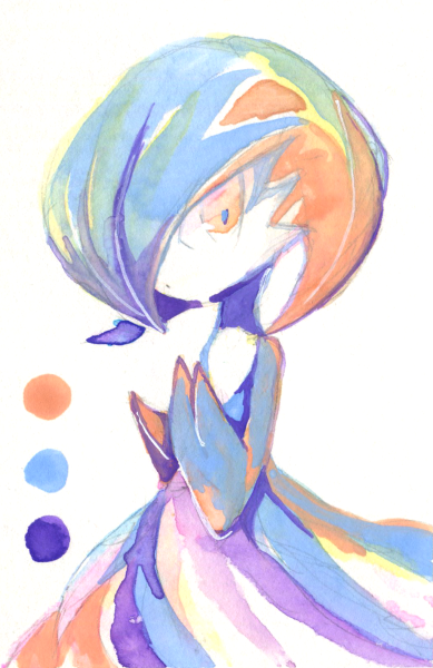 1girl alternate_color bangs blue_hair blue_skin bob_cut closed_mouth color_guide colored_skin commentary_request dot_mouth flat_chest fuu_rufusu gardevoir hair_over_one_eye hand_up looking_at_viewer multicolored_skin one_eye_covered orange_eyes painting_(medium) partial_commentary pokemon pokemon_(creature) shiny shiny_hair shiny_pokemon short_hair simple_background solo standing traditional_media two-tone_skin watercolor_(medium) white_background white_skin