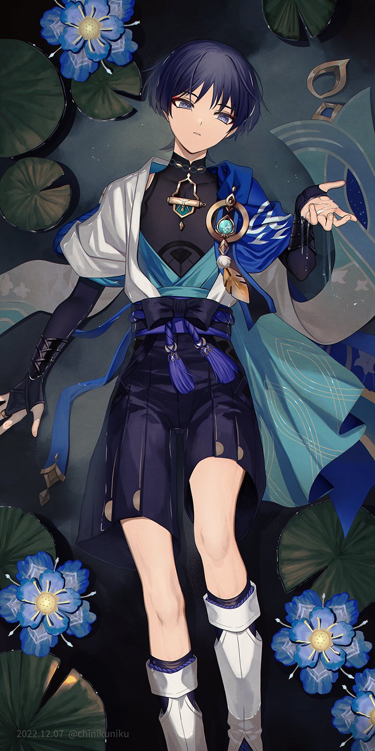 1boy artist_name bangs belt black_belt black_bow black_shirt black_shorts blue_belt blue_eyes blue_flower blue_gemstone blue_hair blue_vest blunt_ends bow chinikuniku closed_mouth collarbone dark_blue_hair dated flower from_above gem genshin_impact gold grey_vest hair_between_eyes highres jewelry lake leaf lily_pad looking_to_the_side lotus lying male_focus mandarin_collar necklace no_headwear official_alternate_costume on_back open_clothes open_vest parted_lips pom_pom_(clothes) scaramouche_(genshin_impact) shirt short_hair short_sleeves shorts sleeveless sleeveless_shirt socks solo tassel teeth twitter_username two-tone_vest vest vision_(genshin_impact) wanderer_(genshin_impact) water watermark white_socks