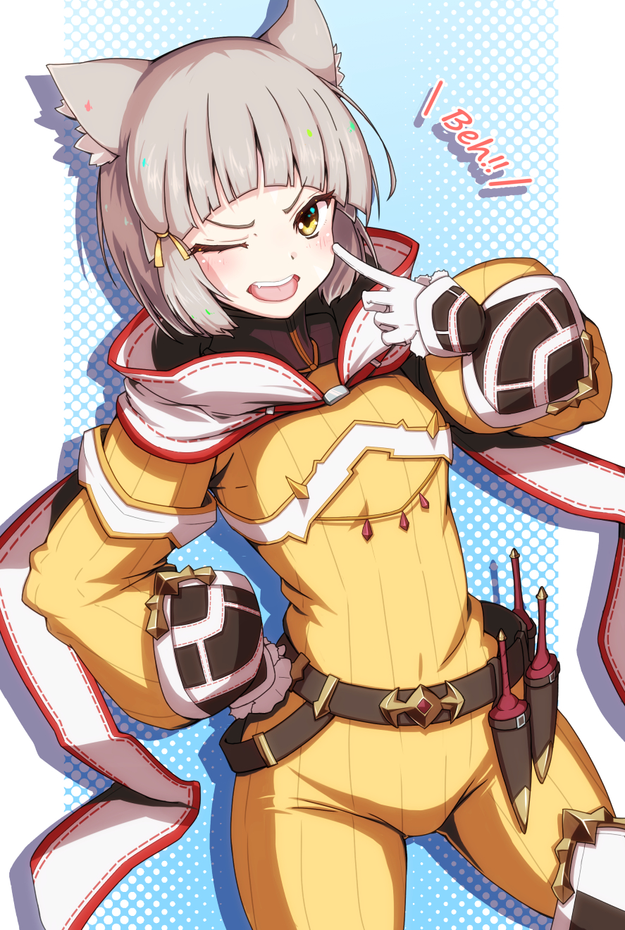 1girl animal_ear_fluff animal_ears bangs belt brown_hair cat_ears cat_girl dagger gloves highres jumpsuit knife looking_at_viewer nia_(xenoblade) one_eye_closed shadow sheath sheathed short_hair solo tongue tongue_out upper_body weapon white_gloves white_hood xenoblade_chronicles_(series) xenoblade_chronicles_2 yanu yellow_eyes yellow_jumpsuit