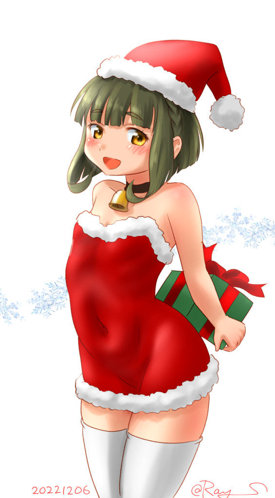 1girl alternate_costume arms_behind_back bell black_choker bob_cut braid brown_eyes choker commentary_request cowboy_shot dress flat_chest fur-trimmed_dress fur-trimmed_headwear fur_trim gift green_hair hat kantai_collection one-hour_drawing_challenge ray.s red_dress red_headwear santa_hat short_hair short_hair_with_long_locks sidelocks simple_background solo strapless strapless_dress takanami_(kancolle) thigh-highs white_background white_thighhighs