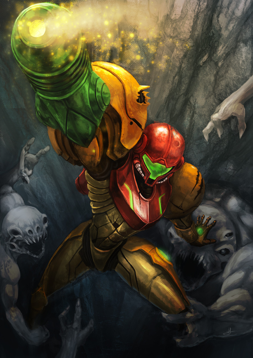 alien arm_cannon battle claws damaged energy energy_cannon english_commentary fangs gloves glowing helmet highres jahwa light machinery mecha metroid metroid_prime monster power_armor power_suit robot samus_aran science_fiction weapon