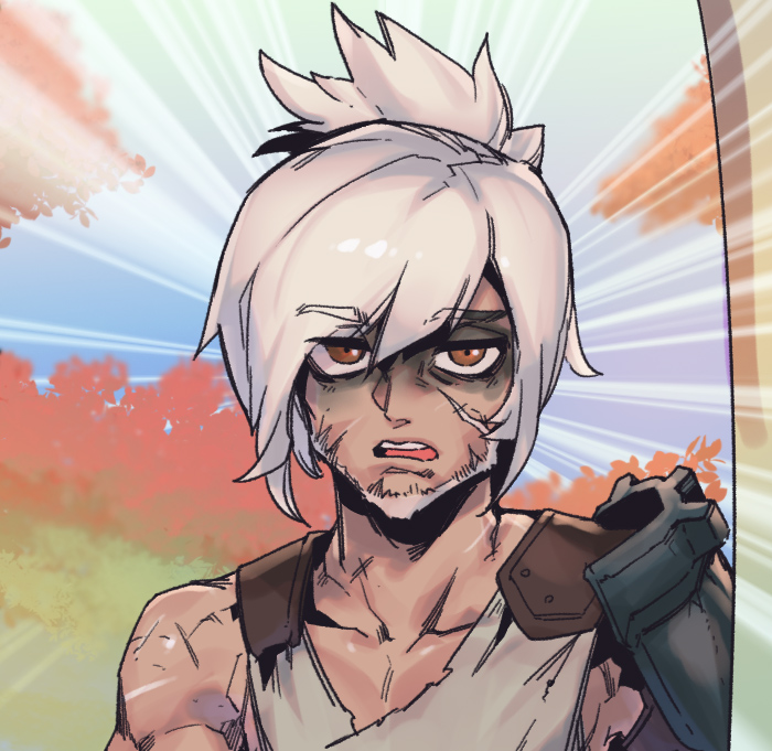 1boy bangs beard brown_eyes collarbone facial_hair genderswap genderswap_(ftm) league_of_legends open_mouth phantom_ix_row portrait riven_(league_of_legends) scar shiny shiny_hair shiny_skin short_hair shoulder_plates single_shoulder_pad solo teeth tree upper_teeth