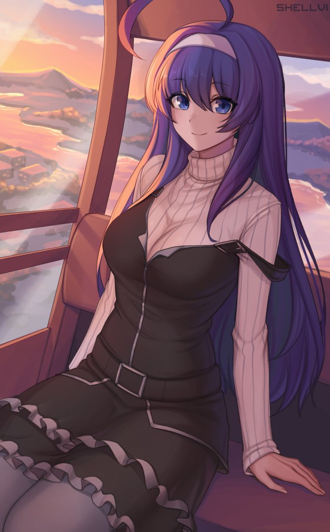 1girl ahoge belt black_belt black_dress blue_eyes closed_mouth commission dress ferris_wheel grey_pantyhose hairband huge_ahoge long_hair long_sleeves looking_at_viewer orie_(under_night_in-birth) pantyhose purple_hair ribbed_sweater shellvi sitting smile solo strap_slip sweater turtleneck turtleneck_sweater under_night_in-birth white_hairband white_sweater