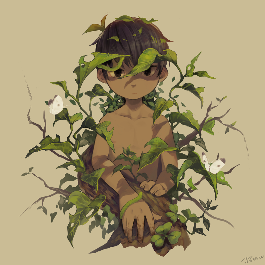1boy black_eyes branch brown_background brown_hair bug butterfly caterpillar closed_mouth dark-skinned_male dark_skin expressionless leaf looking_at_viewer male_child male_focus nature noeyebrow_(mauve) original signature simple_background solo topless_male upper_body