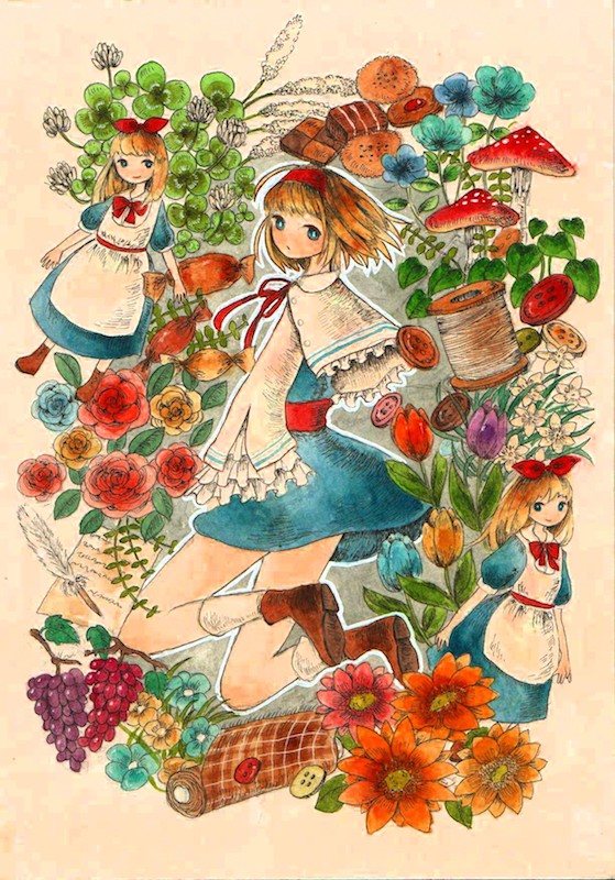 3girls alice_margatroid blonde_hair blue_dress bow brown_footwear checkerboard_cookie clover cookie dress flower food fruit fujitoma grapes hair_bow headband looking_back multiple_girls mushroom red_bow red_headband shanghai_doll short_hair spool touhou wrapped_candy