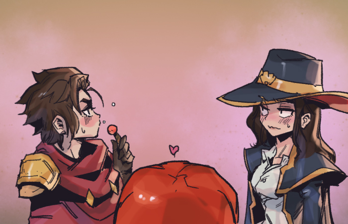 1boy 2girls bangs black_headwear breasts brown_hair candy food genderswap genderswap_(ftm) genderswap_(mtf) graves_(league_of_legends) hat heart holding holding_candy holding_food holding_lollipop league_of_legends lollipop long_hair long_sleeves medium_breasts miss_fortune_(league_of_legends) multicolored_background multiple_girls phantom_ix_row red_scarf redhead scarf shiny shiny_clothes shiny_hair twisted_fate upper_body wavy_mouth witch_hat