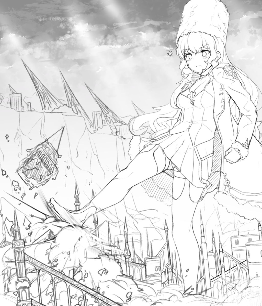 black_jacket blonde_hair boots breasts brown_gloves code_vein destruction dress fur_hat giant giantess gloves green_eyes hat highres jacket kicking long_hair mia_karnstein miniskirt monochrome panties puffy_sleeves purple_skirt russian_clothes sinensian skirt small_breasts underwear ushanka