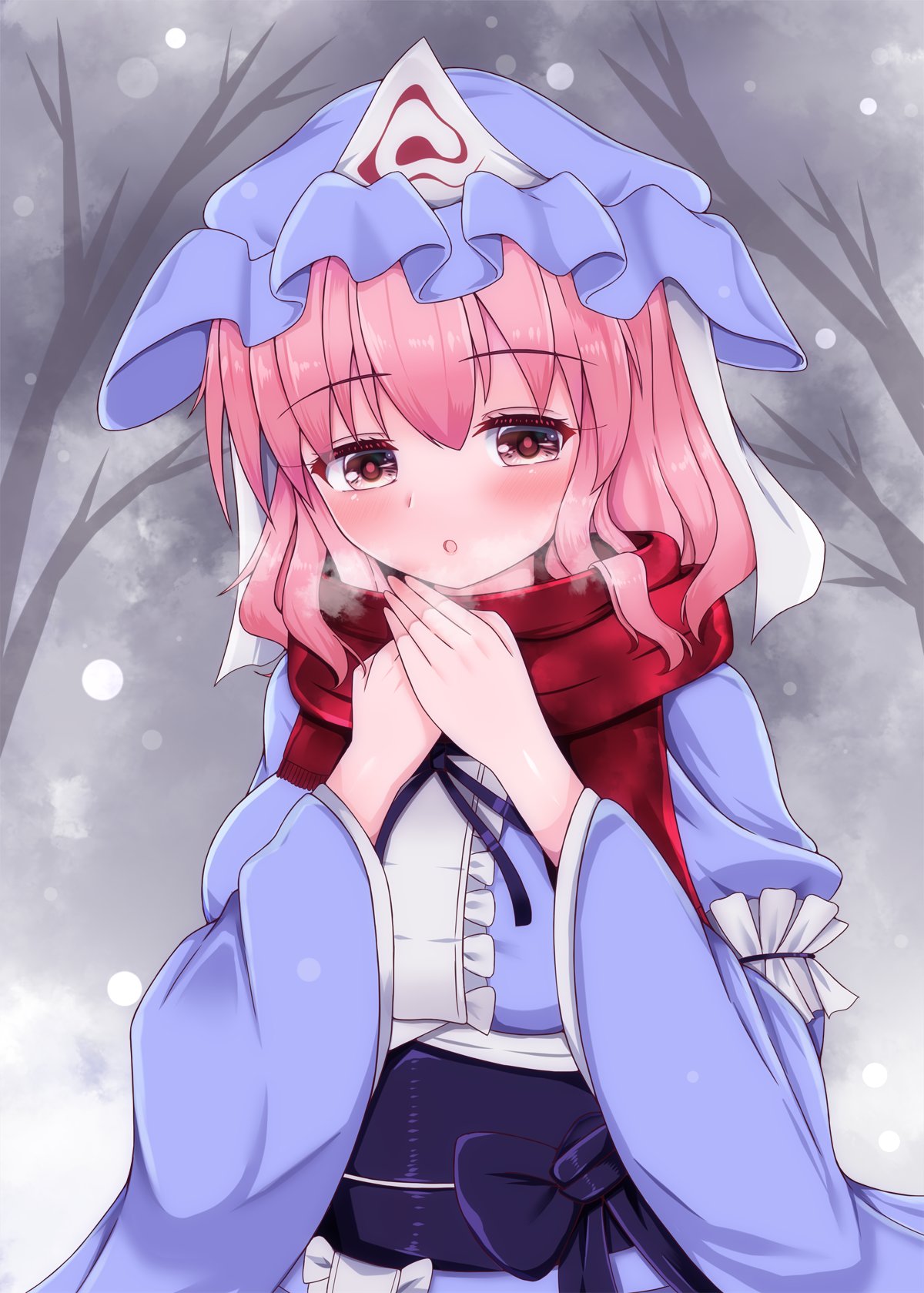 1girl blue_headwear blue_kimono condensation expressionless hat_ornament highres ibuibuyou japanese_clothes kimono long_sleeves open_mouth pink_eyes pink_hair red_scarf saigyouji_yuyuko scarf snow snowing solo touhou tree winter