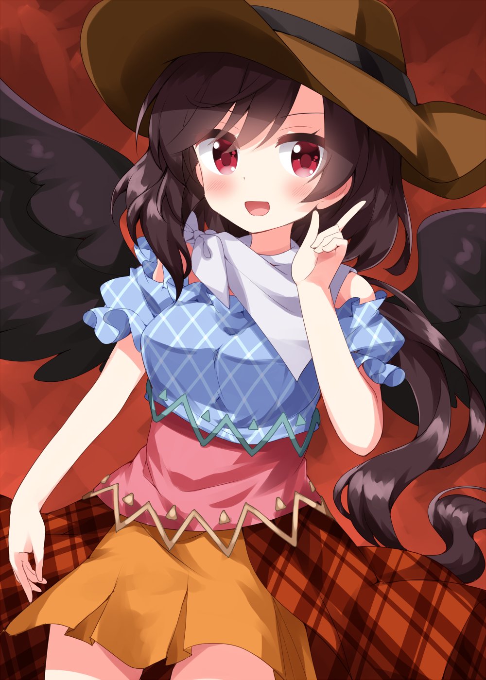 1girl bandana black_hair black_wings blue_dress boots brown_dress brown_headwear commentary_request cowboy_boots cowboy_hat dress feathered_wings hat highres horse_girl horse_tail kurokoma_saki multicolored_clothes multicolored_dress off-shoulder_dress off_shoulder one-hour_drawing_challenge open_mouth pegasus_wings pink_dress plaid plaid_dress pointing ponytail puffy_short_sleeves puffy_sleeves red_eyes ruu_(tksymkw) short_sleeves tail touhou white_bandana wings