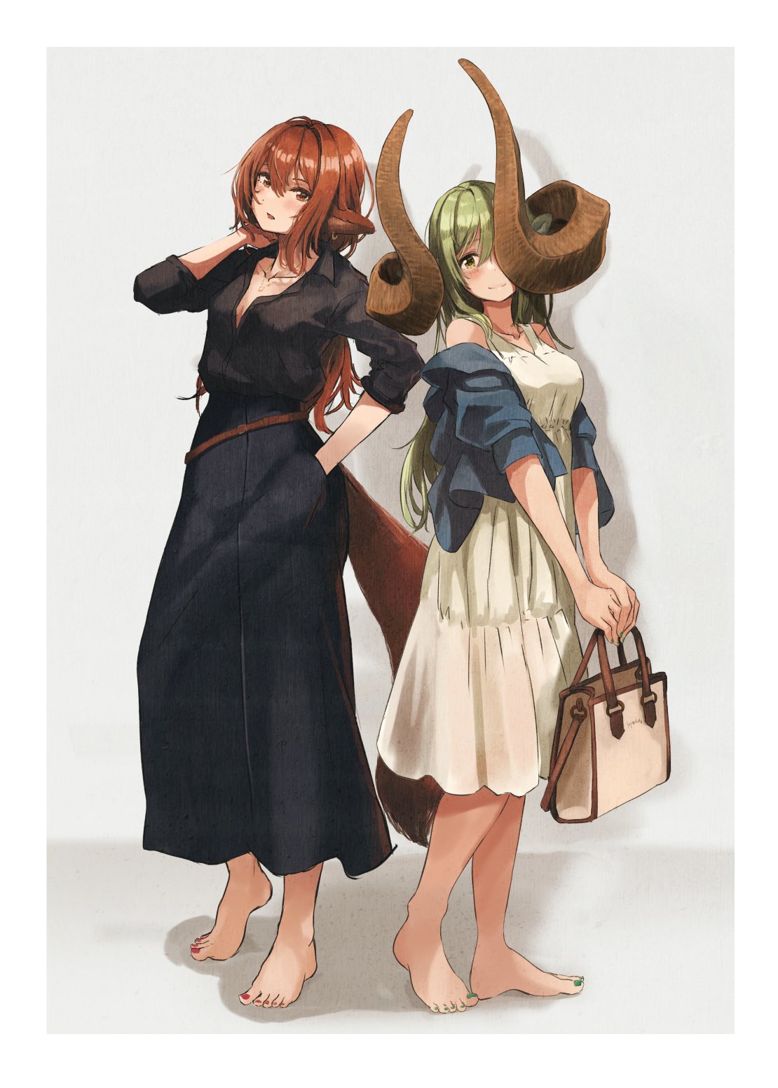 159cm 2girls animal_ears bag barefoot black_shirt blue_jacket blue_skirt brown_hair closed_mouth contrapposto curled_horns dress glan_(159cm) green_hair green_nails hand_in_pocket highres holding holding_bag horns huge_horns jacket long_hair looking_at_viewer multiple_girls nail_polish off_shoulder original parted_lips red_nails shirt skirt smile standing tail toenail_polish toenails white_dress wine-chan_(159cm)