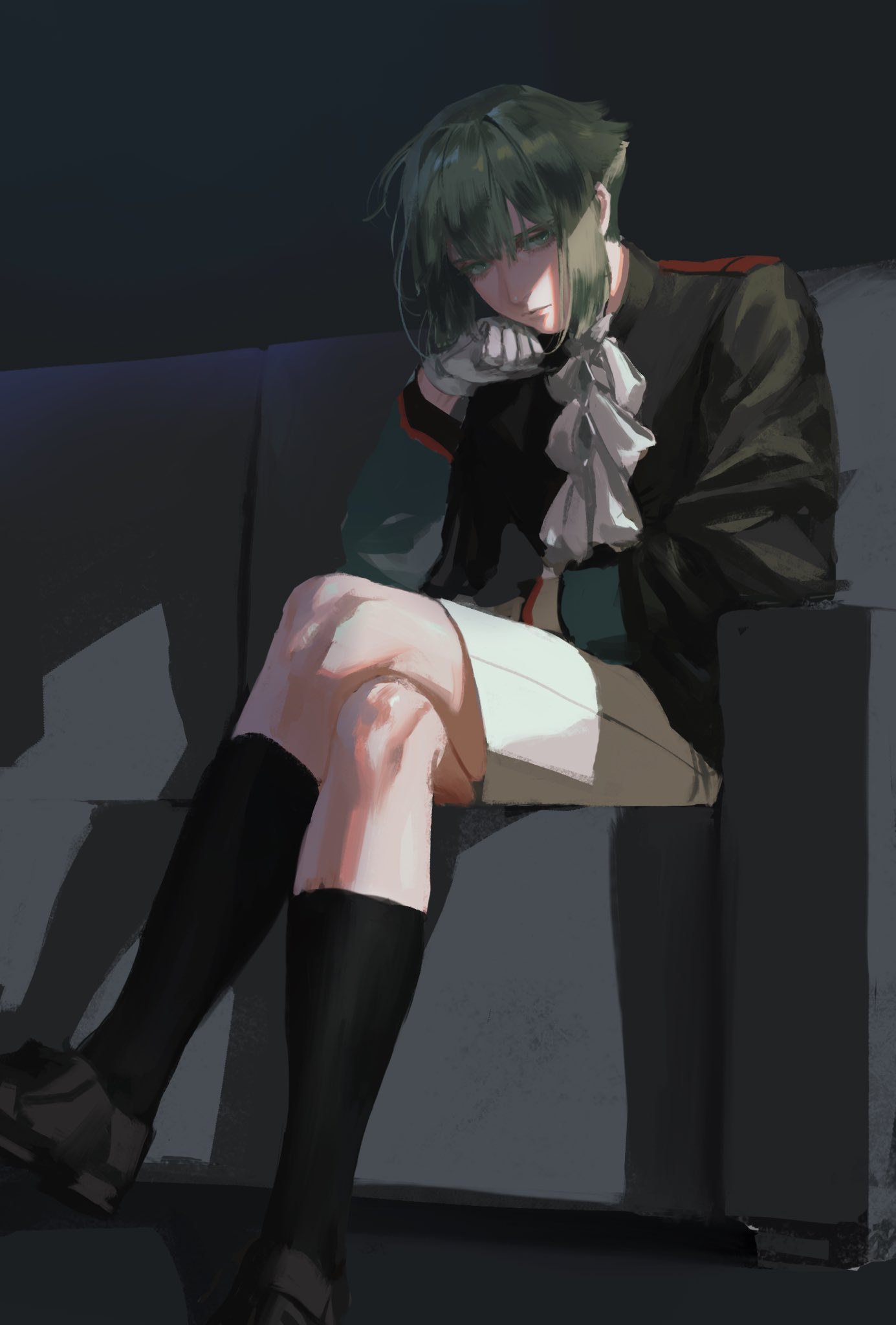 1boy ascot asticassia_school_uniform black_footwear black_socks chestnut_ann crossed_legs dress_shoes elan_ceres full_body gloves green_eyes green_hair gundam gundam_suisei_no_majo hair_between_eyes highres jacket looking_at_viewer male_focus multicolored_clothes multicolored_jacket school_uniform short_hair shorts sidelocks sitting socks solo white_ascot white_gloves white_shorts